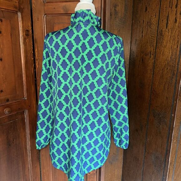 MUD PIE Long Tunic Top Women's Blue Green Ruffle Neck Size Small (4-6) EUC - Picture 4 of 5